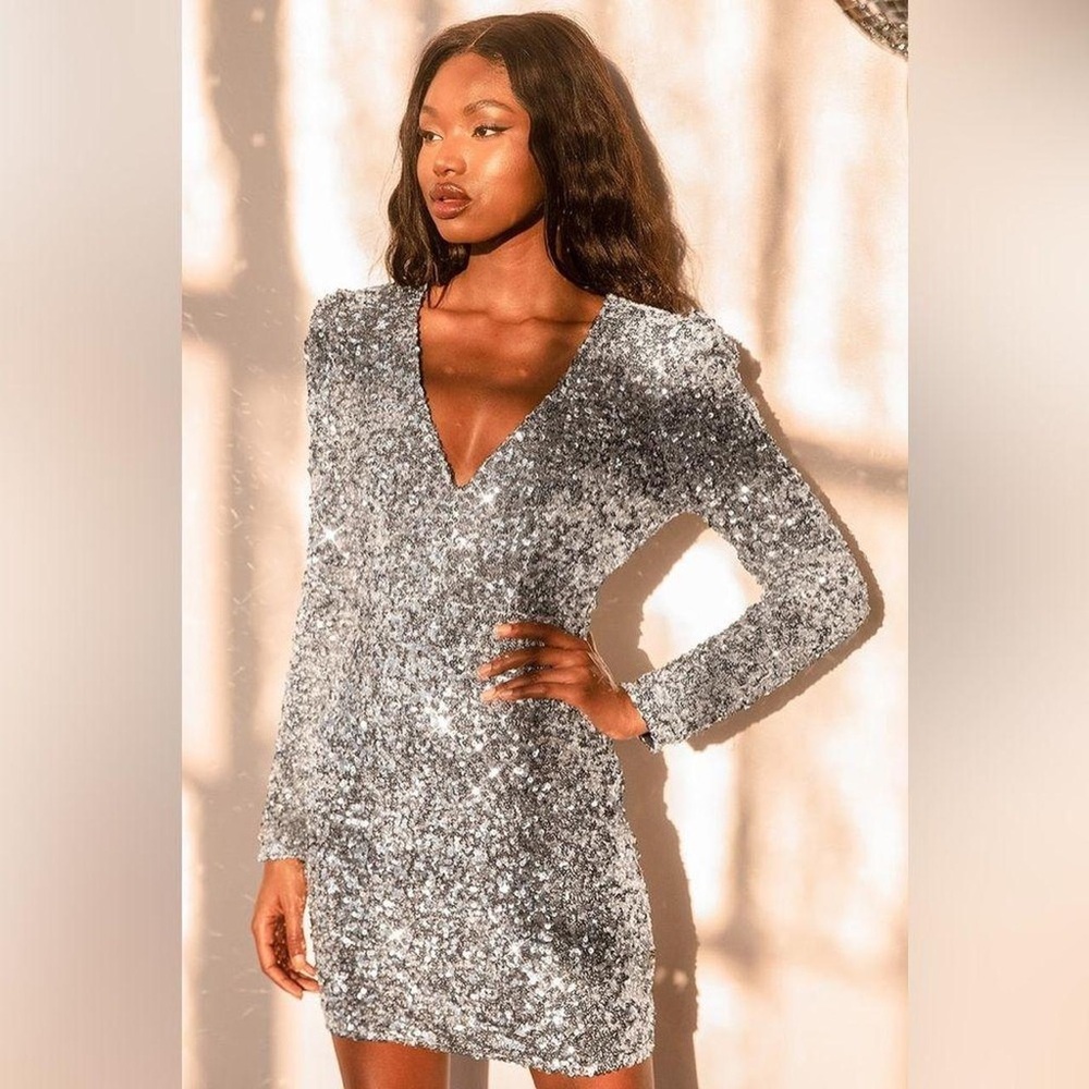 Lulu's Shimmering Silver Sequin Long Sleeve Dress